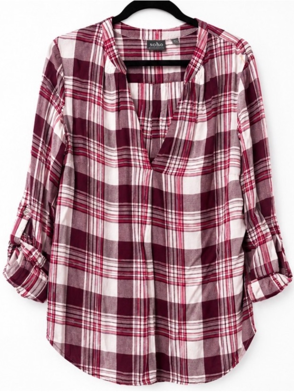 Soho Burgundy and White Plaid Roll-Tab Tunic